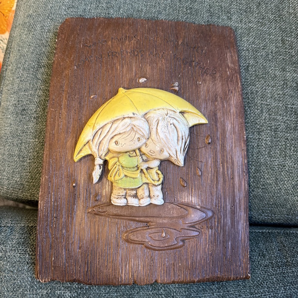 Vintage Handmade Friendship Wall Plaque Boy & Girl Under Yellow Umbrella